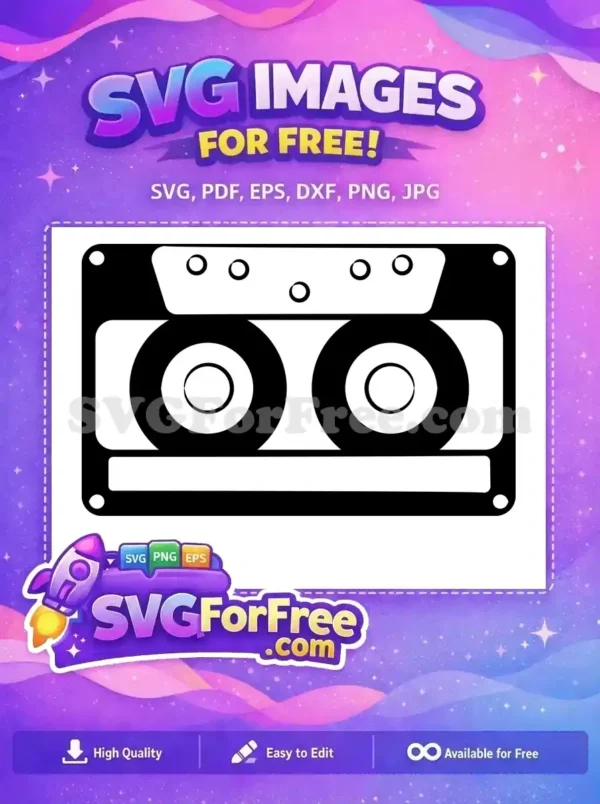 A free vintage audio cassette tape SVG, featuring two reels and classic design elements. This free vector is ideal for retro-themed projects.