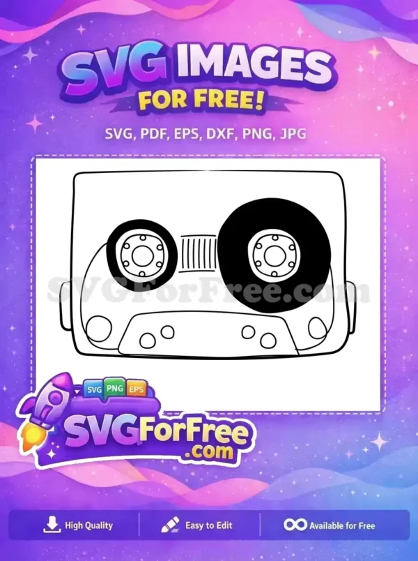 A free black and white line art illustration of a vintage audio cassette tape, ideal for retro-themed crafts. Free design.