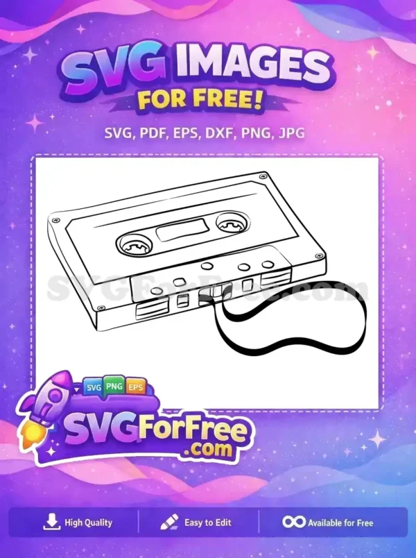A free design featuring a retro audio cassette tape with its magnetic tape spilling out, forming a unique element.