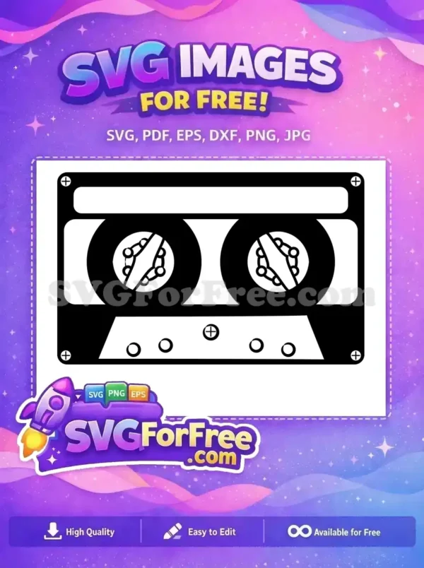 A sleek, free SVG of a classic black and white cassette tape, showcasing its iconic reels and vintage aesthetic. Download this free design.