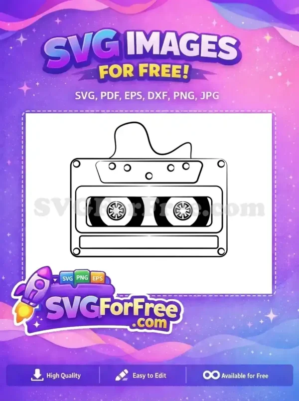 A free black and white outline drawing of a vintage audio cassette tape, ideal for free retro music designs.