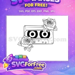 A free design featuring a black outline of a vintage cassette tape, beautifully framed by two detailed roses. Ideal free SVG for nostalgic crafts.