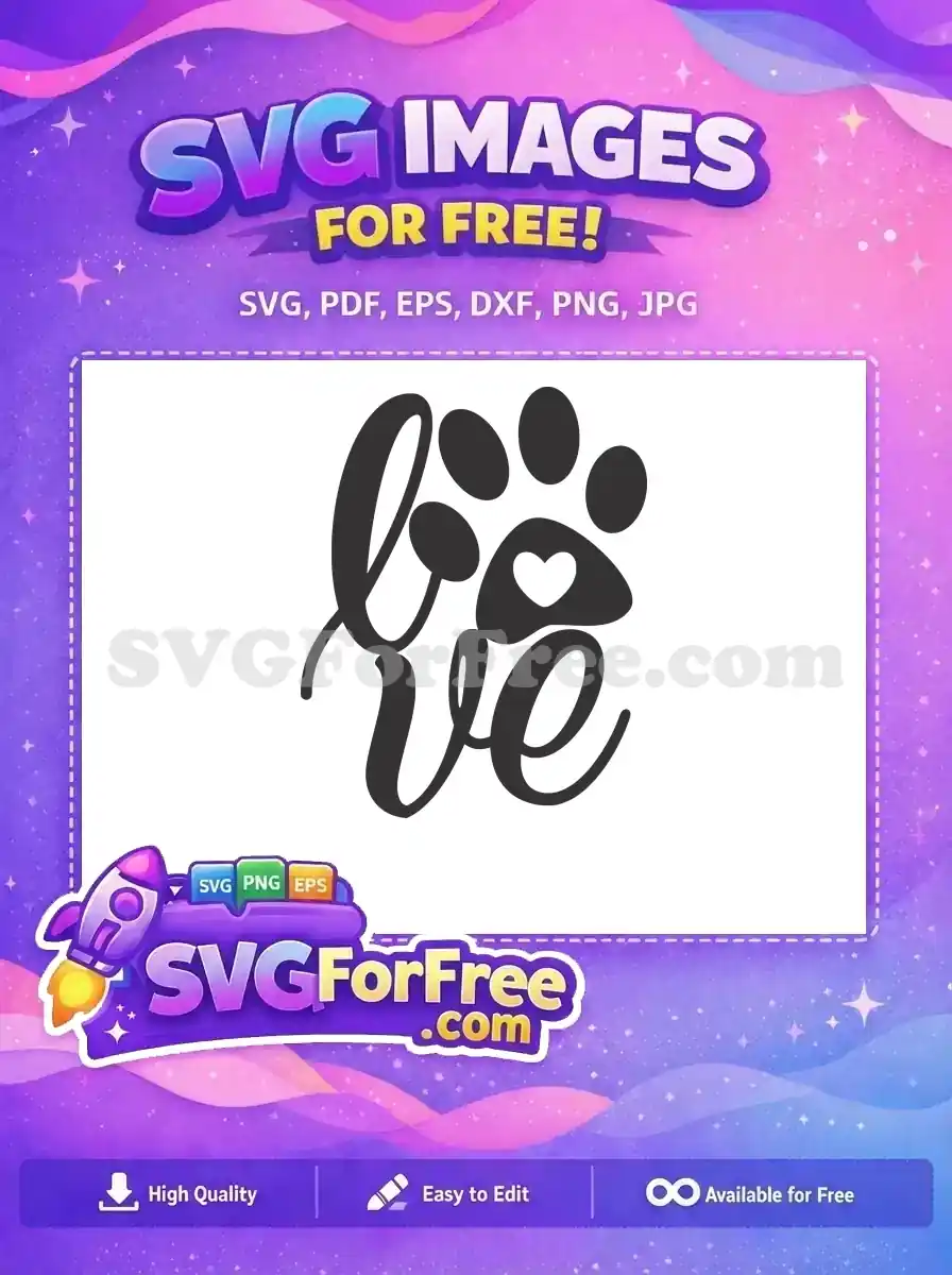 A free script 'love' design with a paw print and heart, ideal for pet-themed crafts. Download this free SVG now!