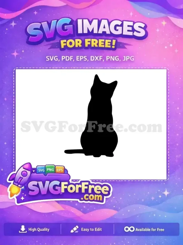A free design of a sleek black cat silhouette, sitting patiently with its back to the viewer. Perfect free SVG for crafts!