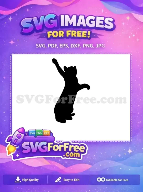 A playful free cat silhouette SVG, stretching gracefully, ideal for diverse projects. Download this enchanting feline design.