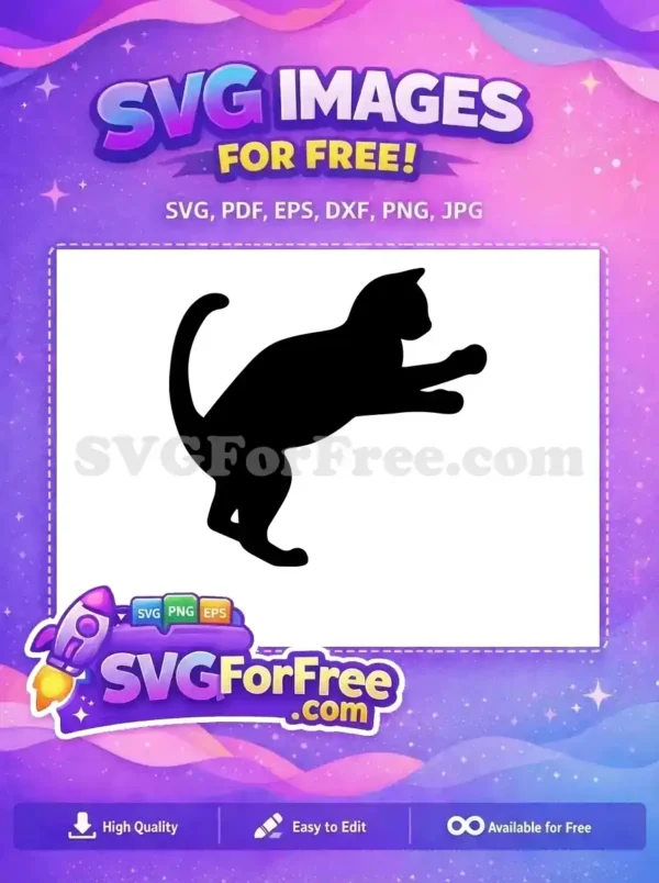 A dynamic free black cat silhouette, captured in a playful pouncing stance, ideal for various creative projects. Free design.