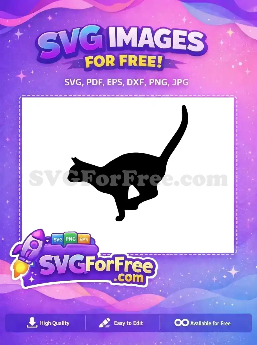 A sleek, free running cat silhouette, captured in mid-pounce, ideal for animal-themed designs. This free SVG is ready for your creative projects.