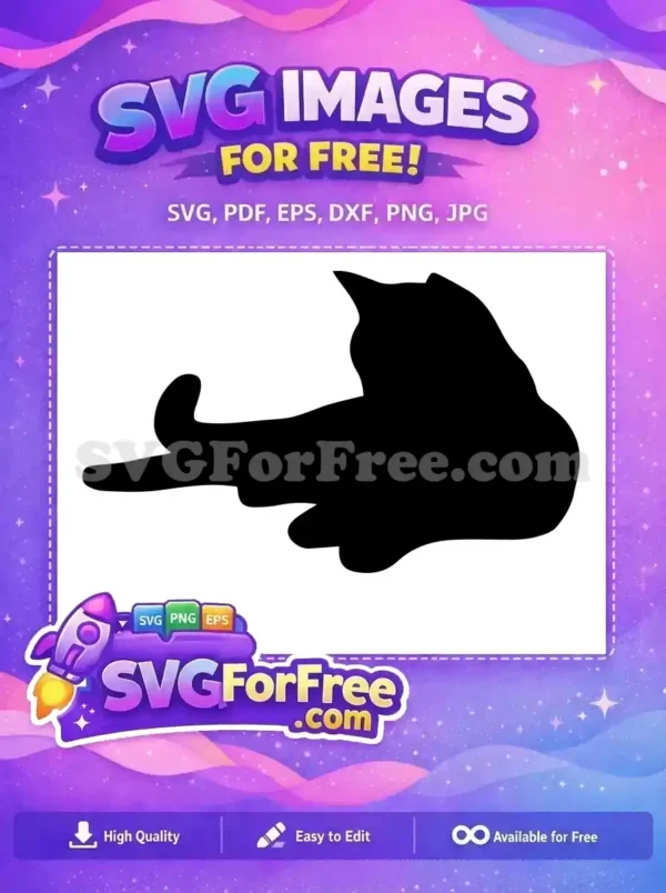 A graceful, free black cat silhouette lying down, tail extended. This free vector art is perfect for pet-themed crafts.