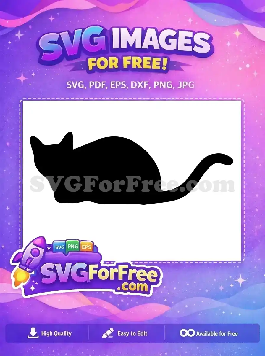 A sleek, free black cat silhouette design, sitting gracefully with its tail curled, ideal for various creative projects.