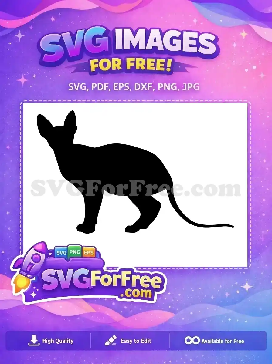 A sleek, free black silhouette of a Sphynx cat standing in profile, ideal for various creative projects. Download now!