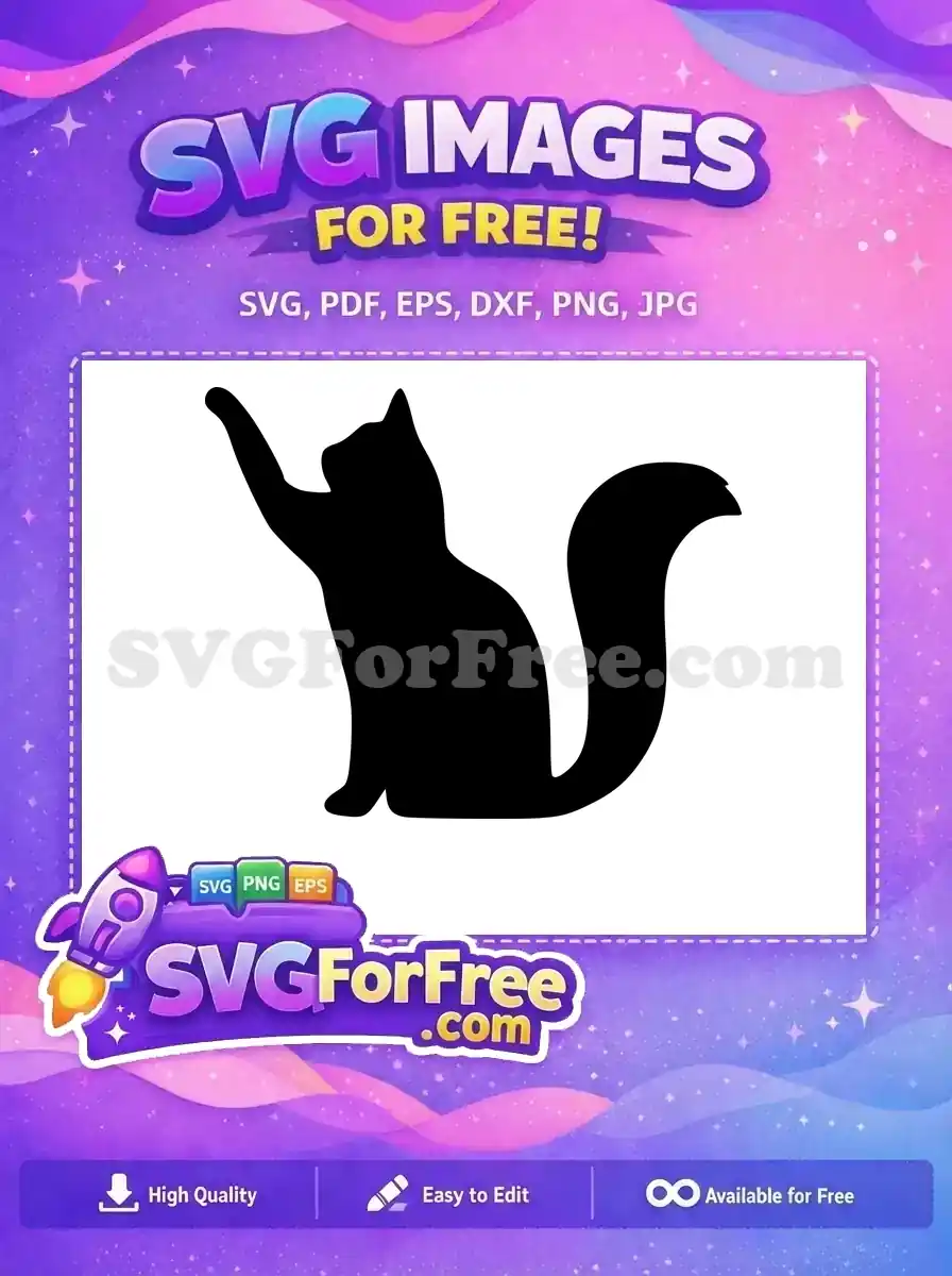 A free playful cat silhouette SVG, black, sitting with one paw raised. Ideal for free crafting projects and animal themes.