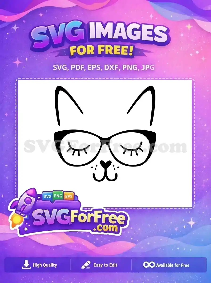 A cute free cat face with stylish glasses, closed eyes, and a heart nose in simple black line art. Ideal for free craft designs!