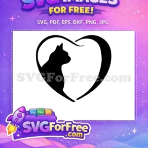 Free Cat in Heart SVG – Adorable Pet Love Design A beautiful free SVG of a black cat silhouette nestled within an elegant heart outline, ideal for loving pet designs. Get this free download now!