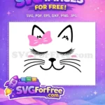 Free Cat Face with Pink Bow Free Closed Eyes Long Lashes Cat Lovers Free SVG - Instant Download