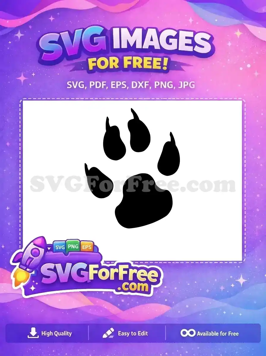 A striking black silhouette of an animal paw print, a free design available for various creative projects. Download this free SVG.