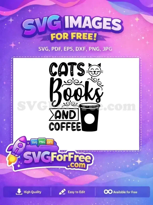 A delightful black and white free design showcasing 'CATS, Books, AND COFFEE' with a cute cat face and coffee cup.