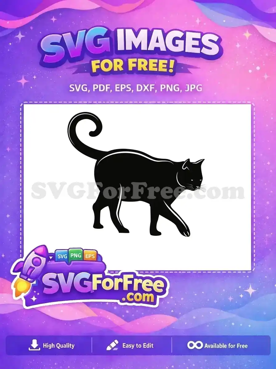 A free design featuring an elegant black cat silhouette with subtle white outlines, walking gracefully. Perfect for free crafting projects.