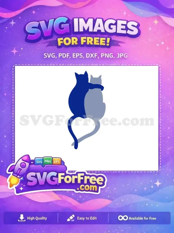 Free SVG of two embracing cats, one dark blue, one light blue-grey, tails forming a heart. Ideal for crafts.