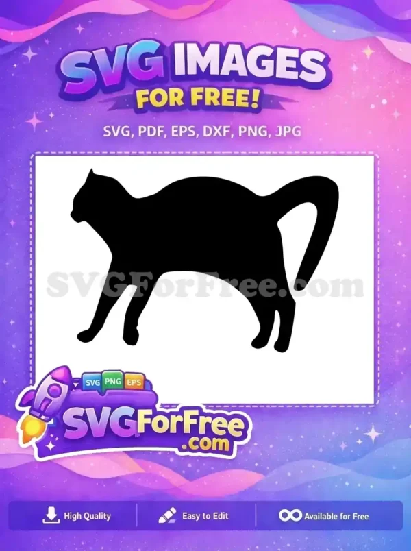 A striking free black cat silhouette with an arched back and raised tail, ideal for Halloween crafts. Free design for all projects.