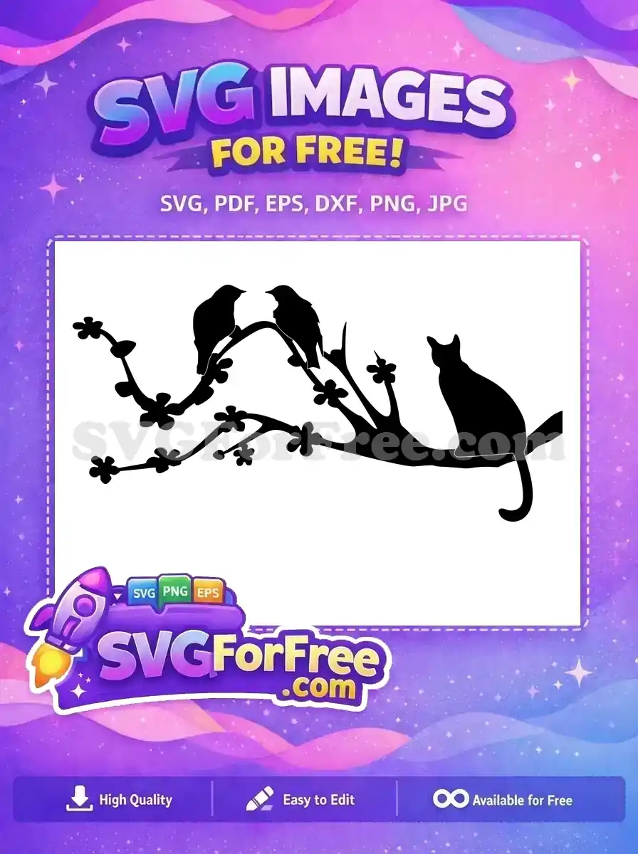 Detailed free SVG of two birds and a cat on a flowering branch, a serene nature-inspired free design for crafting.