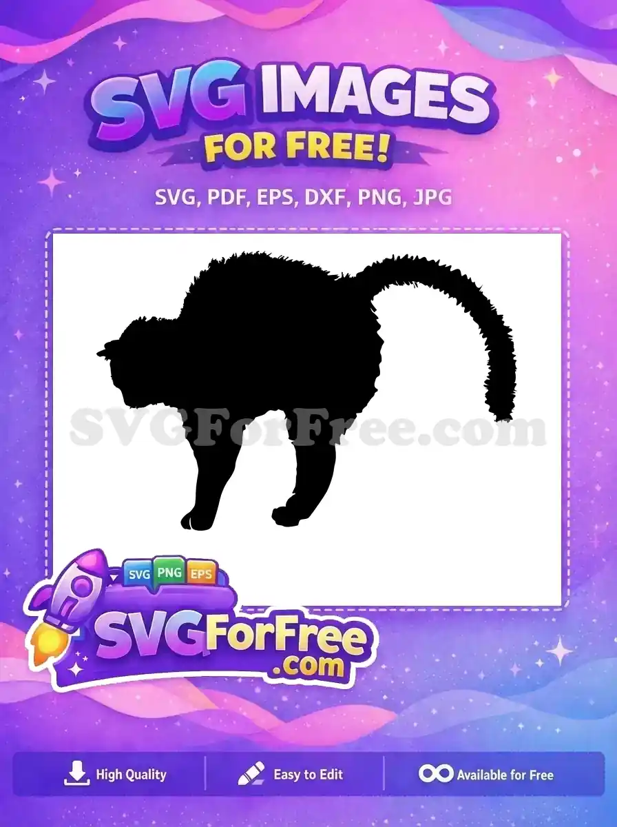 A striking free design of a black cat silhouette with an arched back and bushy tail, ideal for spooky projects.