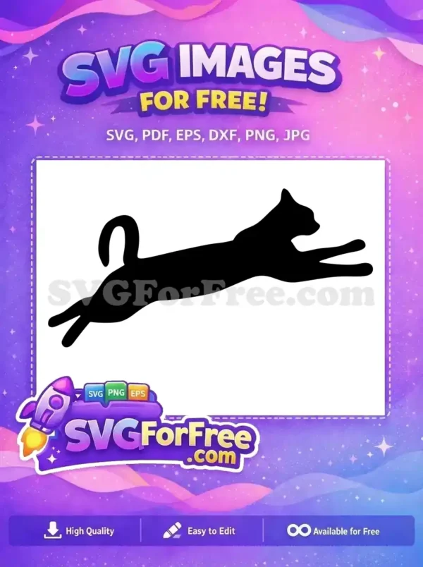 Dynamic free SVG of a sleek black cat silhouette caught mid-leap, perfect for instant digital and craft projects.