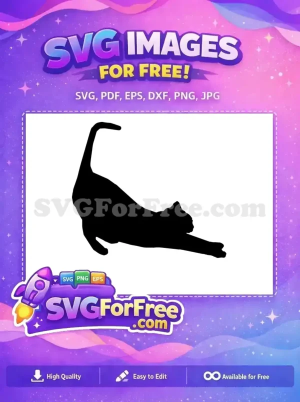 Graceful free cat stretching silhouette, ideal for crafters. This free design adds a touch of feline elegance to any project.