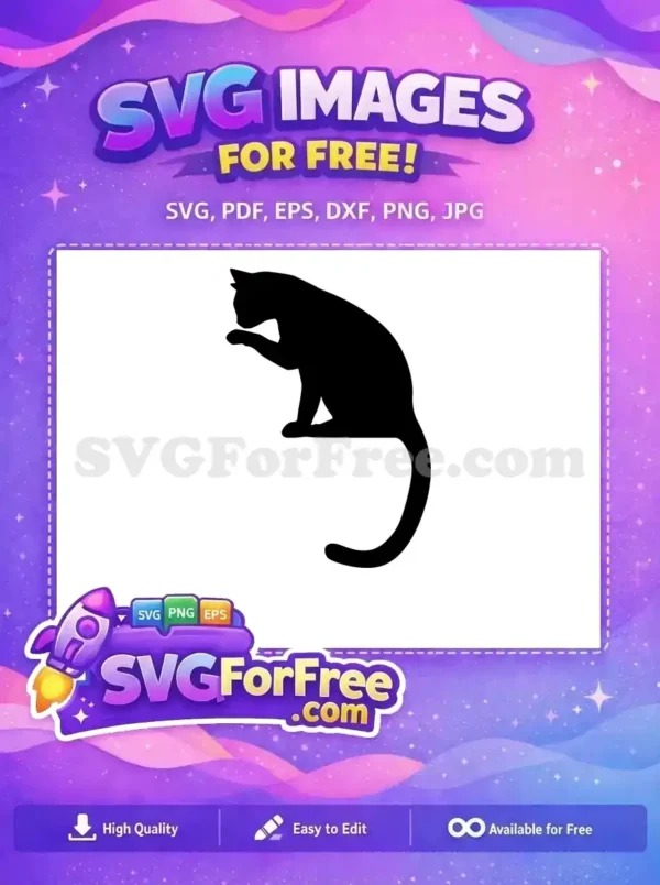 Free Licking Cat Silhouette SVG – Adorable Pet Design A graceful black cat silhouette, sitting and licking its paw. This free SVG design is ideal for various creative projects.