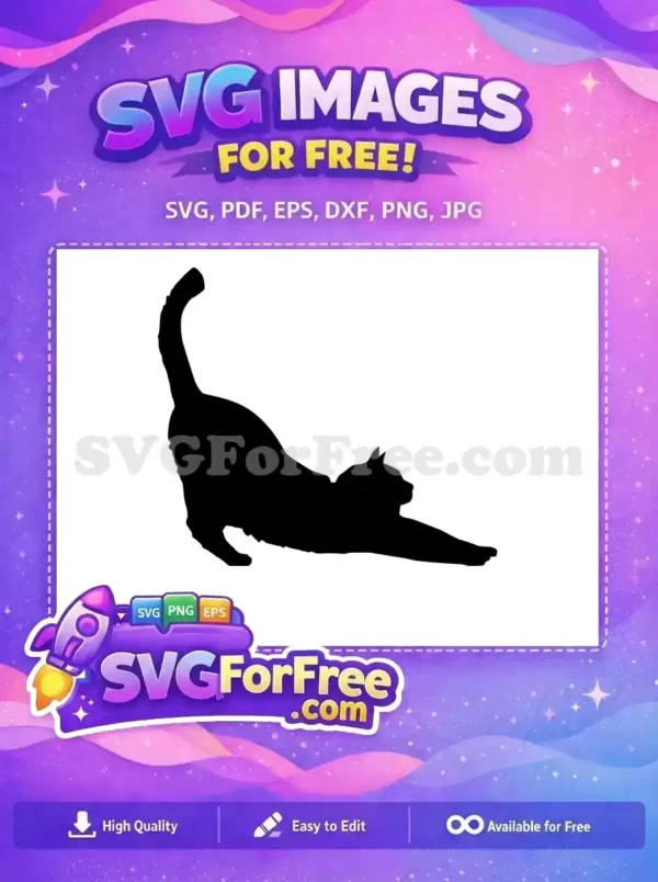 A free graceful black silhouette of a cat stretching, tail arched upwards. Ideal for free craft projects and animal themes.