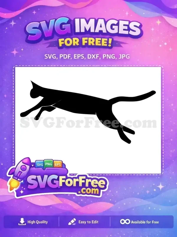 Free Leaping Cat Silhouette SVG – Dynamic Feline Design! Discover this free SVG of a sleek, black cat mid-leap, perfect for adding dynamic flair to any project easily.