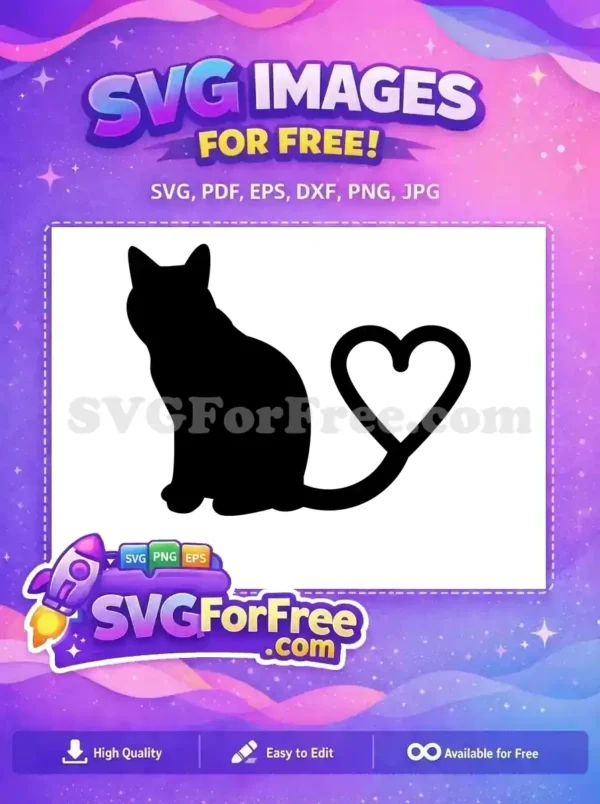 Adorable free cat silhouette with a heart-shaped tail, a heartwarming vector design for pet enthusiasts. Download free now!