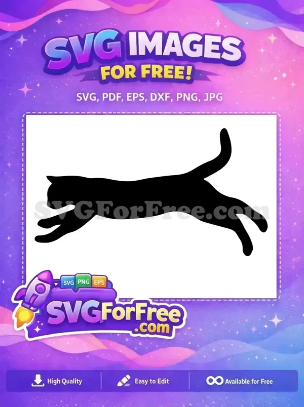 Free Leaping Cat Silhouette SVG – Dynamic Free Design! A striking free SVG silhouette of a cat in mid-leap, perfect for crafts and digital projects. Get this free design now!