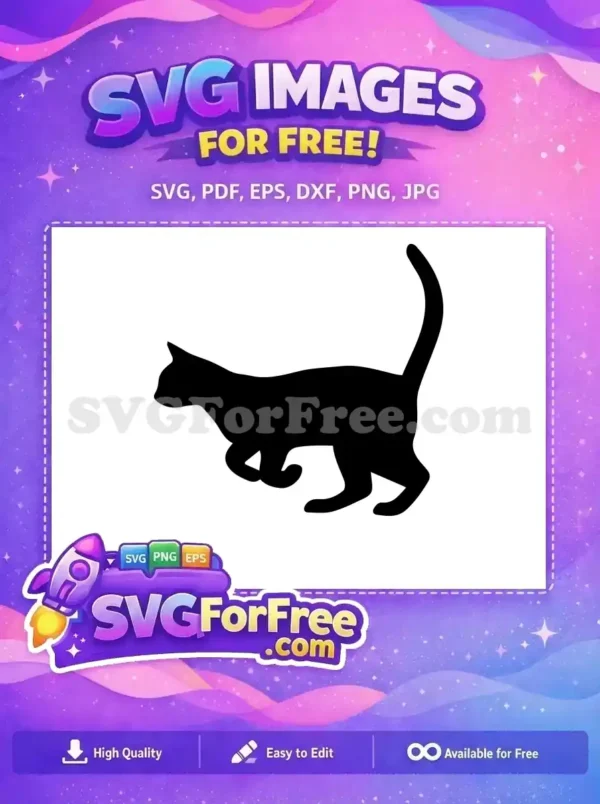 A striking black free cat silhouette in a dynamic walking pose, perfect for various free craft projects and digital art.