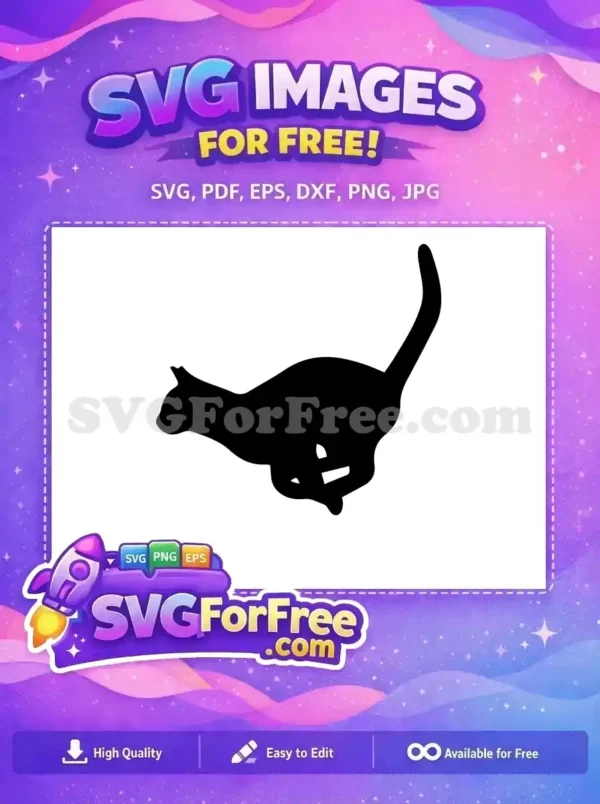 A sleek free black silhouette of a cat in a dynamic running or leaping pose, ideal for various free design projects.