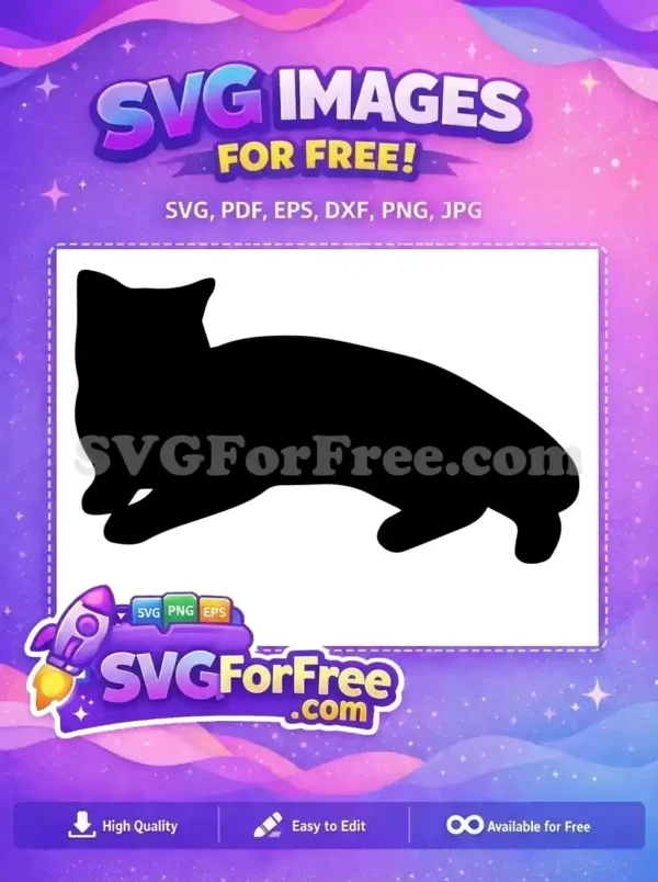 Free design: A sleek black cat silhouette, gracefully lying down. Perfect free SVG for pet lovers and crafts.