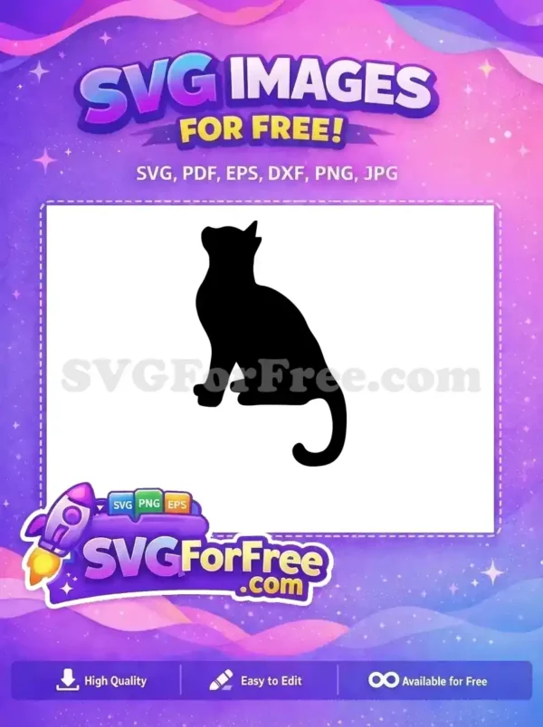 Free Cute Sitting Cat Silhouette SVG – Instant Download Design A free black cat silhouette SVG design, showing a sitting feline with a curled tail, ideal for various free craft projects.