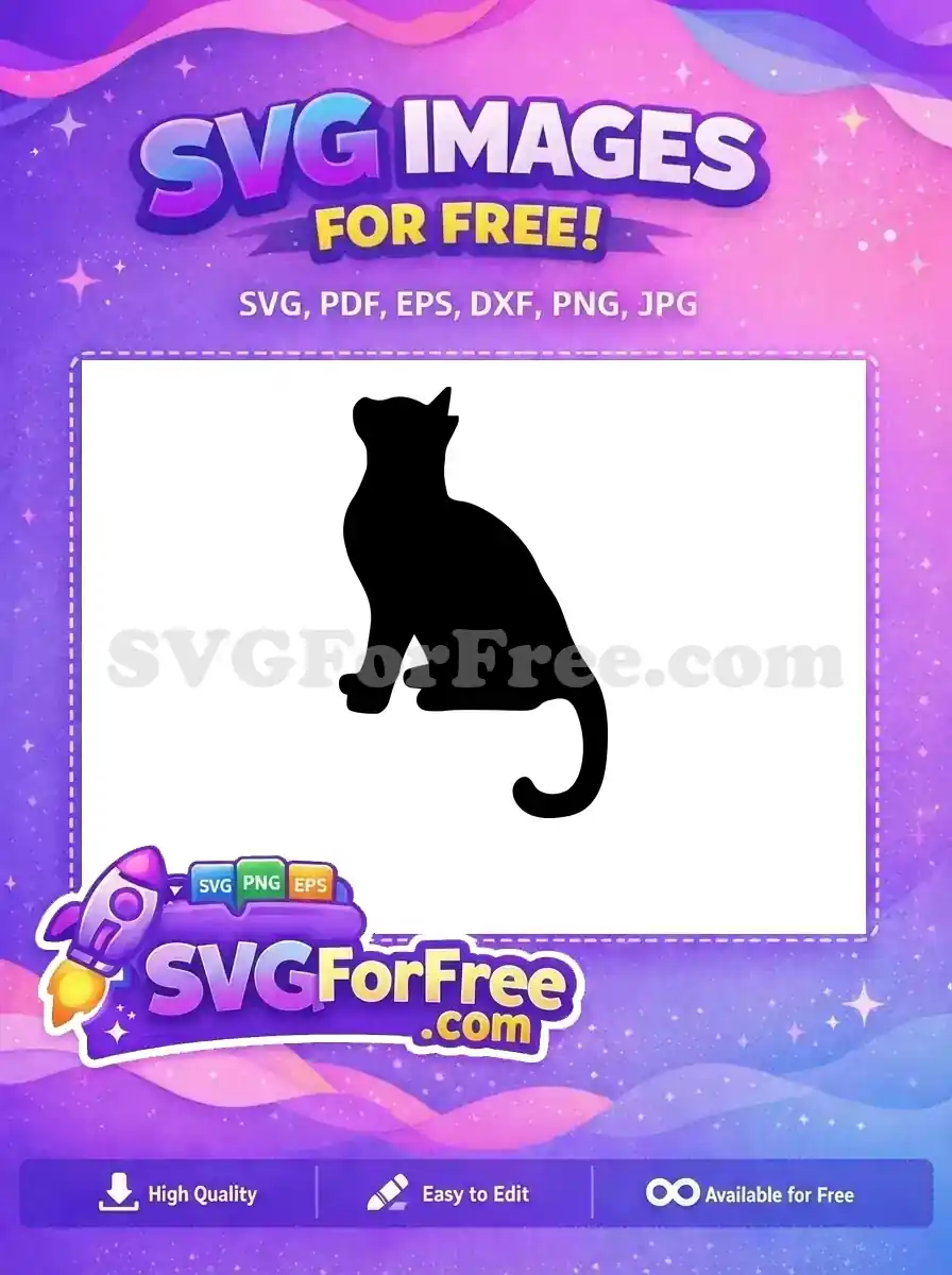 A free black cat silhouette SVG design, showing a sitting feline with a curled tail, ideal for various free craft projects.