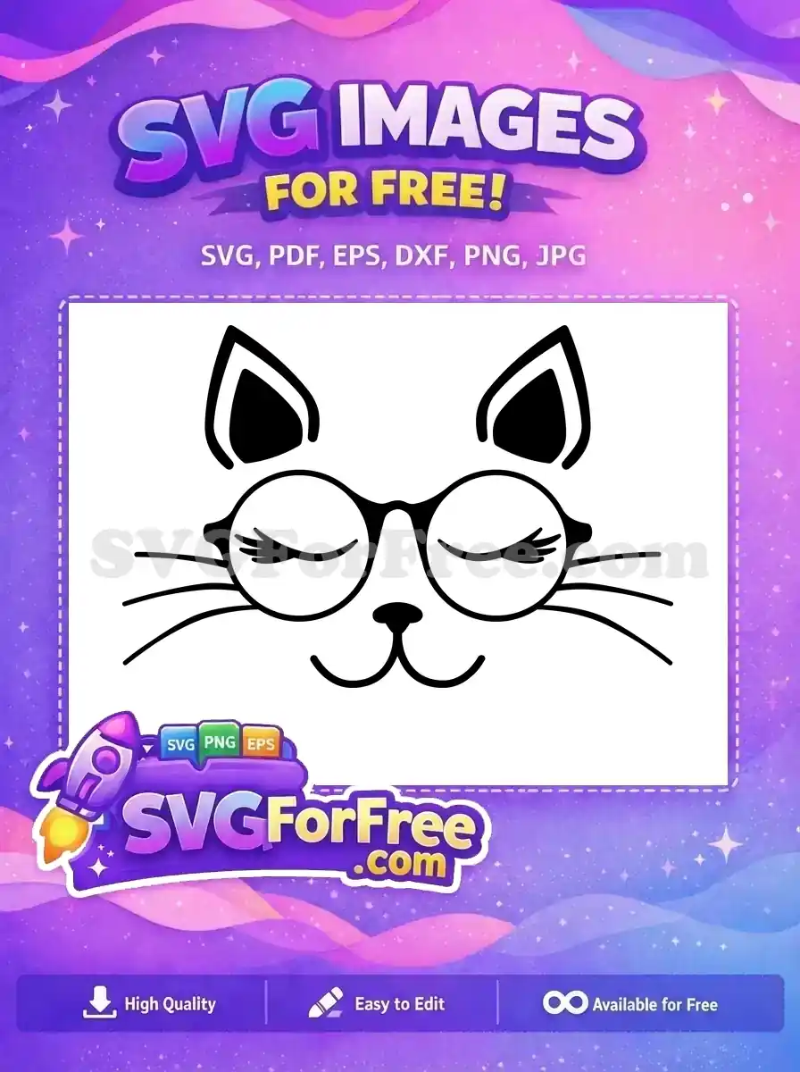 A cute free cat face SVG with stylish round glasses, closed eyes, and whiskers, perfect for playful designs.