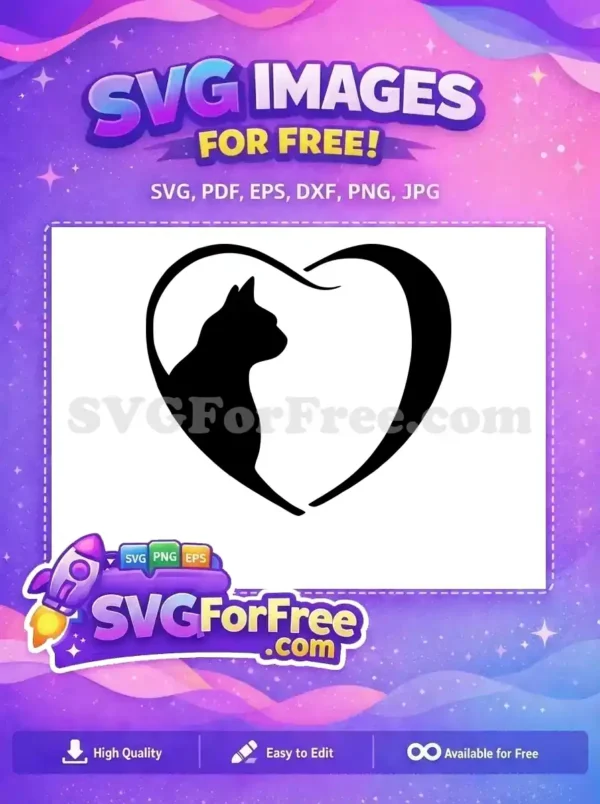 Free charming cat silhouette nestled within a heart outline, a perfect free design for animal lovers and craft projects.