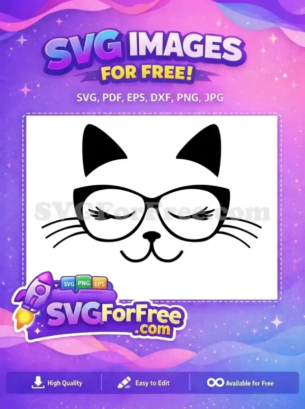 Free Cute Cat with Glasses SVG – Adorable Free Design! A delightful free black and white cat face with stylish glasses, closed eyes, and whiskers. This free design is perfect for various creative projects.
