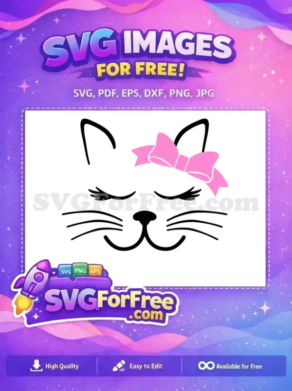 A cute free cat face with closed eyes, long lashes, whiskers, and a sweet pink bow. This free design is perfect for crafts.