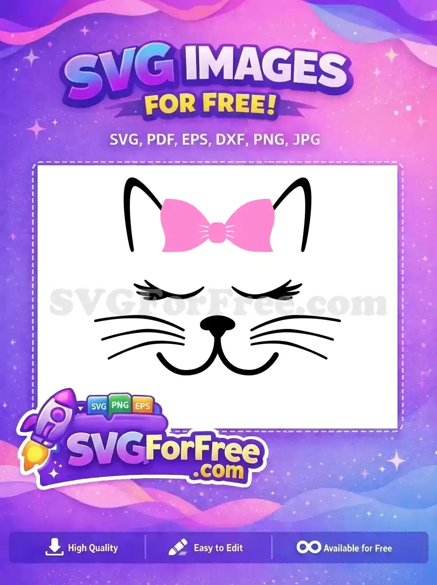 A delightful free cat face SVG design featuring closed eyes, whiskers, and a cute pink bow between its ears. Perfect for crafts!