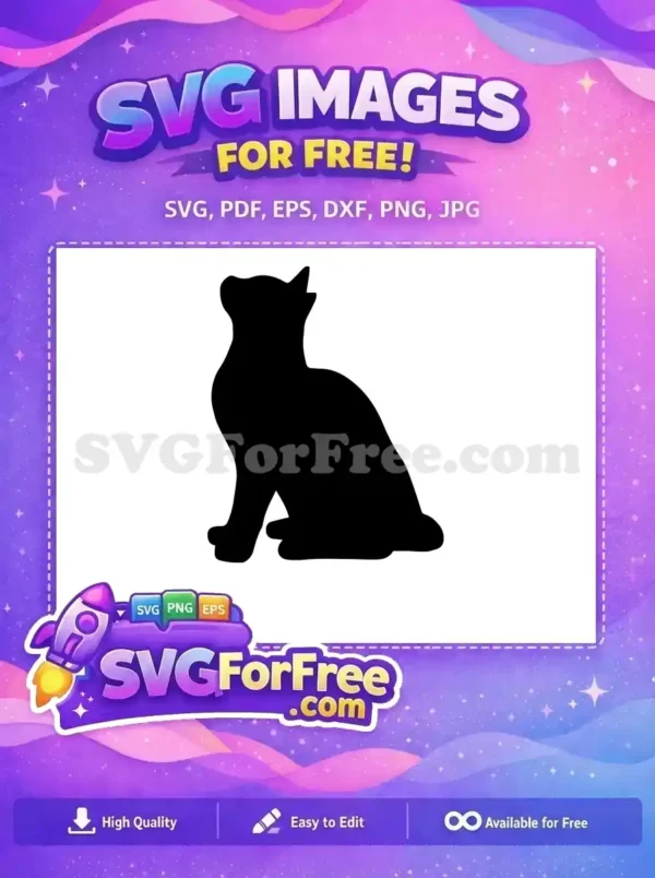 Free Cat Silhouette SVG – Elegant Feline Vector Design A crisp black cat silhouette, sitting attentively, head slightly raised. This free vector design is ideal for various creative projects.