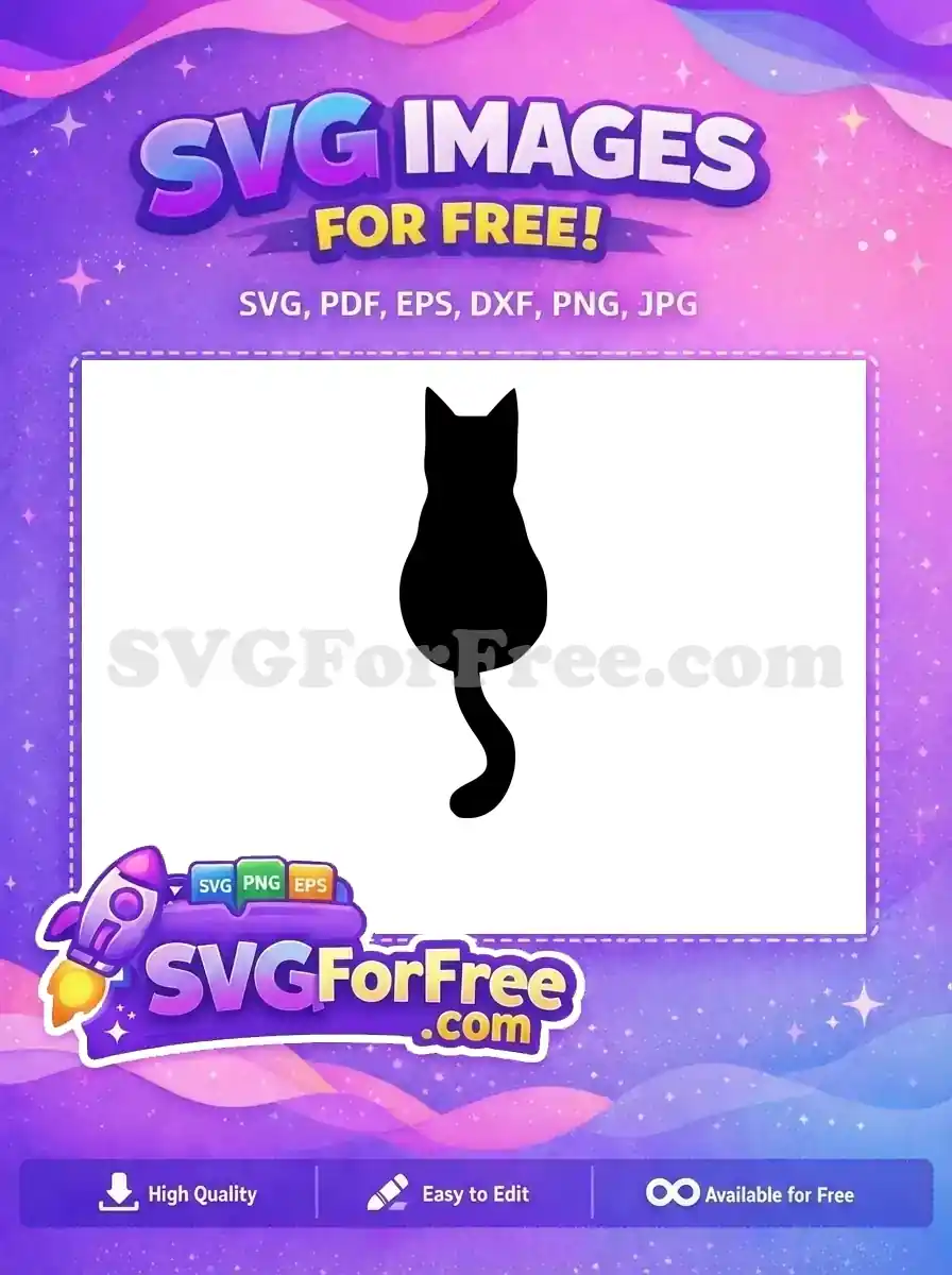 A free black cat silhouette SVG, viewed from behind with a gracefully curved tail. Ideal for pet-themed free designs.