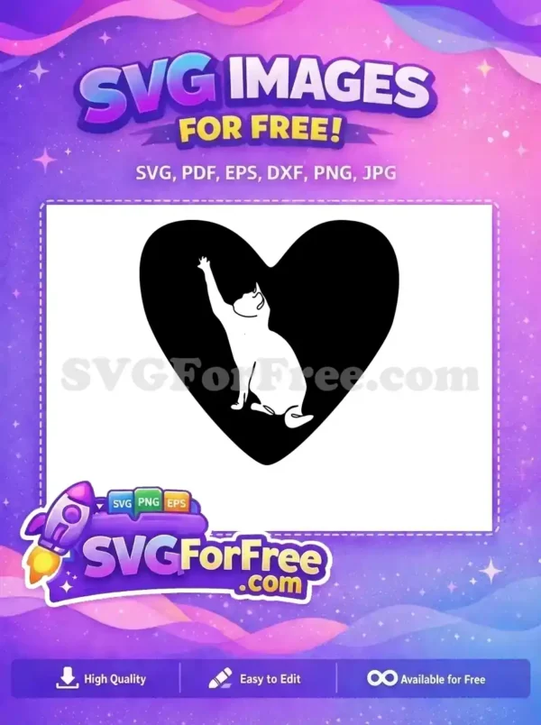 A delightful free SVG showing a white cat playfully reaching up inside a bold black heart, ideal for free pet-themed projects.