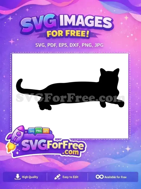 A free sleek black cat silhouette lying down, ready for your creative projects. Download this free animal design now!