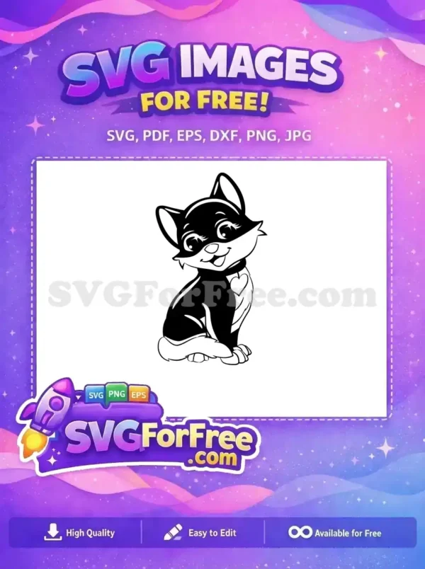 A charming free cartoon cat SVG design, black and white, featuring a cute smile and heart collar. Ideal for various projects.