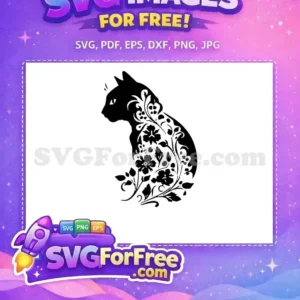 Free Floral Cat Silhouette SVG – Elegant Craft Design Elegant free floral cat SVG design in black and white, showcasing intricate botanical patterns. A versatile free vector.