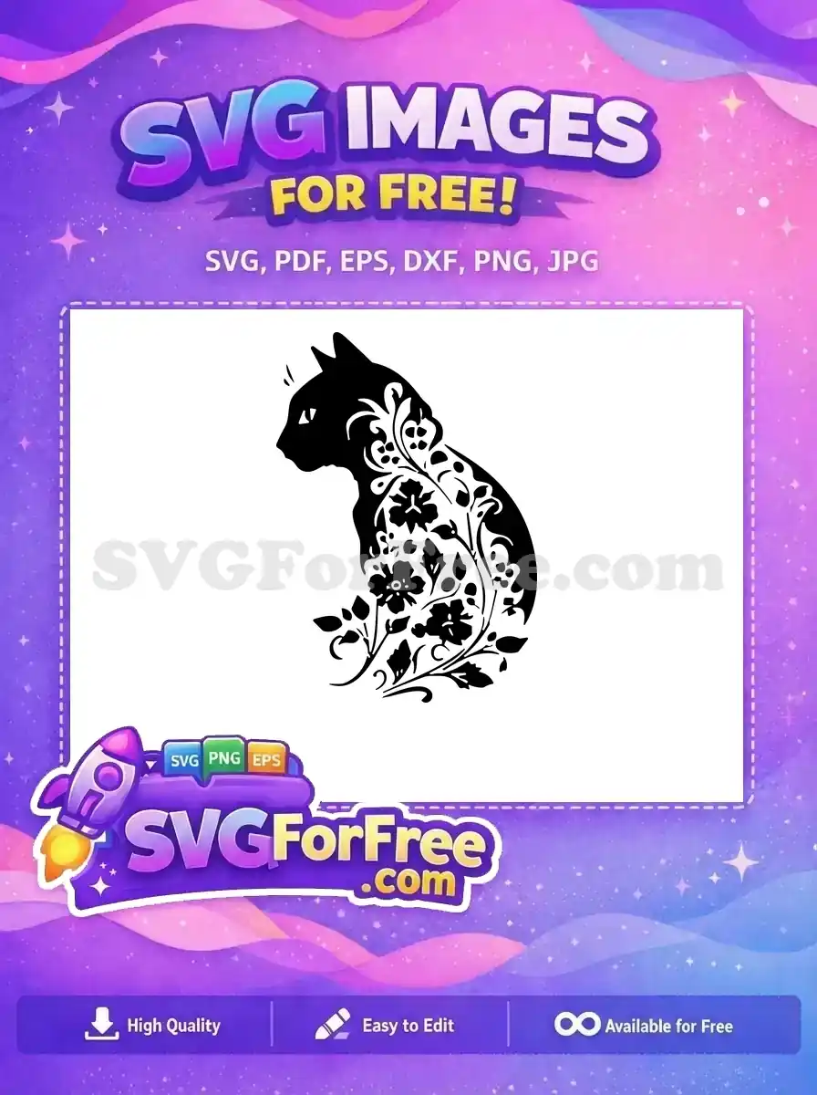 Elegant free floral cat SVG design in black and white, showcasing intricate botanical patterns. A versatile free vector.