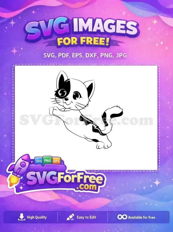 Free Playful Kitten SVG Design – Adorable Cartoon Cat Art A charming free black and white SVG of a playful cartoon kitten with big eyes, mid-jump, ready for your creative projects.